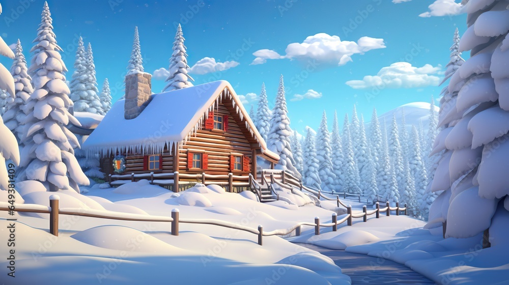 Poster a cabin in a snowy forest with a stream running through it. generative ai