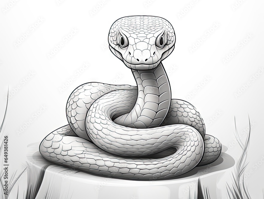 Poster a drawing of a snake sitting on top of a tree stump. generative ai