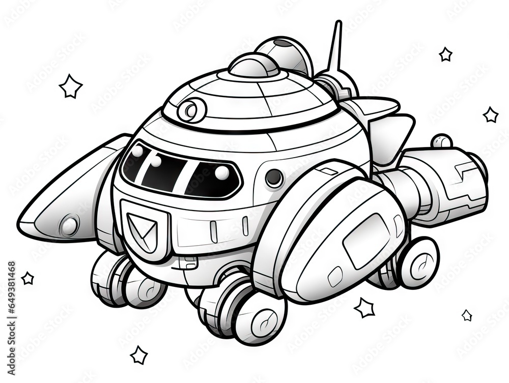 Poster a coloring page of a space ship with stars around it. generative ai