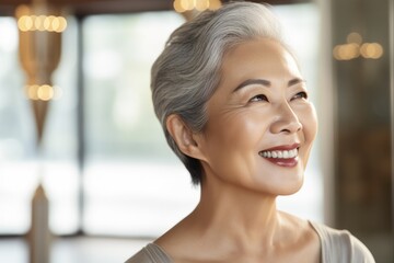 Wrinkle Prevention: Happy Middle-Aged Asian Woman Examining Her Face in the Mirror for Anti-aging Beauty Treatment. Beauty Skin Care and Pampering Concept