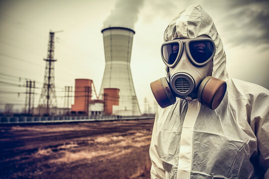 Homme portant un masque et un combinaison suite &agrave; une catastrophe nucl&eacute;aire