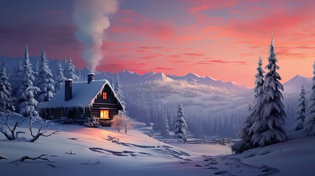  a cabin in the middle of a snowy mountain range at sunset The cabin is surrounded by trees covered in a blanket of snow, and the sky is filled with clouds Smoke i