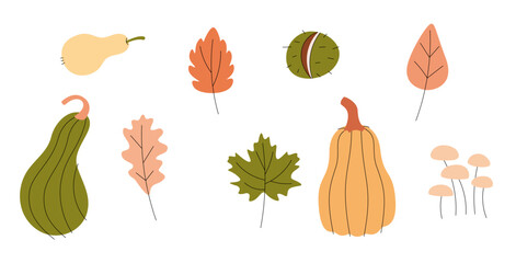 Vector set of autumn icons: pumpkins, falling leaves, chestnut, mushrooms.