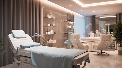 Fototapeta na wymiar Dermatology and beauty clinic treatment Interior decoration for VIP customers by expert dermatologists. Beauty salon, spa, massage with equipment to to help relax, physiotherapy, relaxing massage.