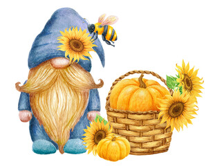 Cute Gnome with bee and harvest pumpkin and sunflowers in basket. Thanksgiving or Harvest Day card design. Watercolor drawing.