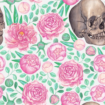 Isolated seamless pattern consisting of sepia colored watercolor painted skulls, blooming pink peonies, peony buds and emerald leaves of peonies and eucalyptus trees on a white background.