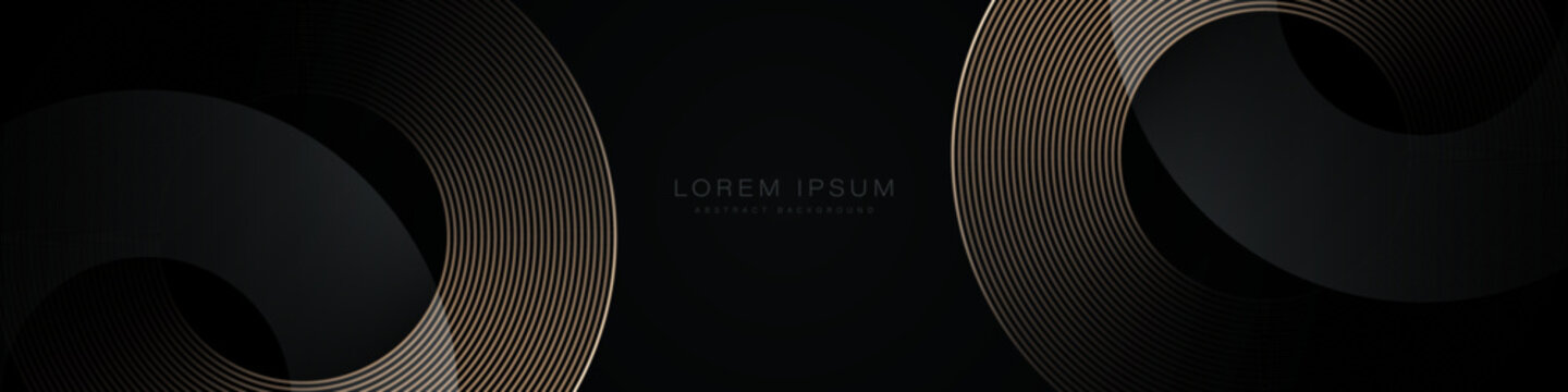 Black abstract background with geometric shape. Modern gold circle lines pattern. Luxury style. Horizontal banner template. Suit for cover, banner, brochure, corporate, poster, presentation, website