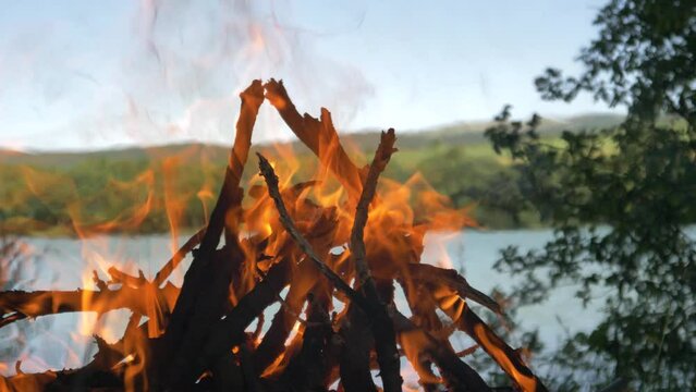 fire burning in oak wood - beautiful flames - slowly burning fire 4K 60 FPS