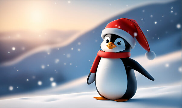 Cute little penguin wearing Santa's hat in the snow. 3D render style.