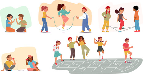 Fototapeta premium Children Characters Engage In Diverse Activities Such As Hopscotch, Gummitwist, Patty-cake, Rope Telephone