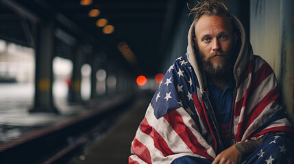 Fototapeta na wymiar A homeless man sits on the sidewalk under a bridge in the USA, draped in an American flag.