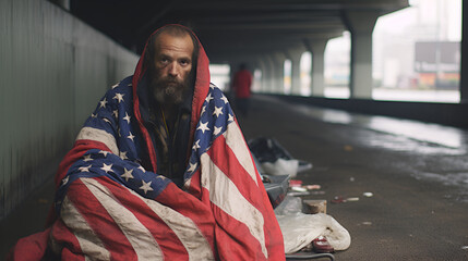 A homeless man sits on the sidewalk under a bridge in the USA, draped in an American flag.