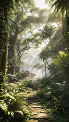 A serene view of a topical jungle with palm trees and a narrow stream - AI Generative
