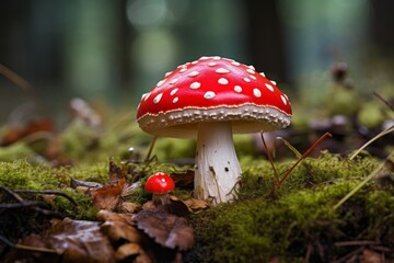 Fototapeta premium Red fly agaric mushroom in the forest, close-up