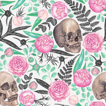 Isolated seamless pattern consisting of a watercolor painted skull (sepia), blooming pink peonies and buds, emerald peony leaves, eucalyptus trees, graphic BW peony leaves, eucalyptus, willow, fern 