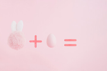 Furry bunny symbol and Easter egg equation on a pastel pink background. Contemporary art. Creative...