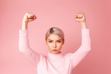 A  feminist woman raise their fists in a sign of power, photo in photography studio. - obrazy, fototapety, plakaty