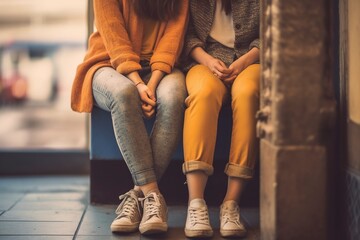 Candid image of two girls who are very close friends, in an intimate moment. Photo of legs only.