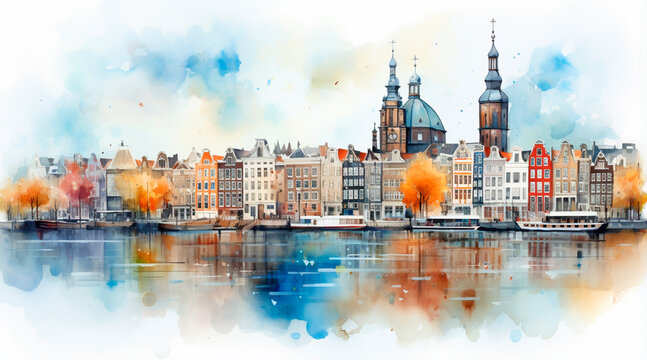 Watercolor cityscape of the city of Amsterdam, capital of the Netherlands (Europe), on the banks of the Amstel river