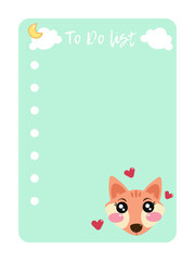 Printable green notes template in vector with fox. Stationery for kids with to do list, wish list and note. Scrapbook notes, diary, page notebook, daily planner and cards