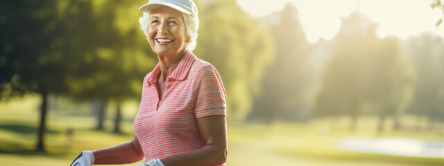 Portrait of a happy smiling senior woman on a golf course - Powered by Adobe