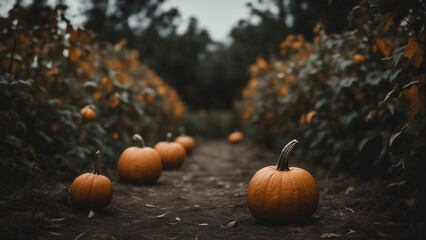 Dark Spooky Halloween Fall Autumn pumpkin patch photo leading into the dark forest eerie aesthetic 