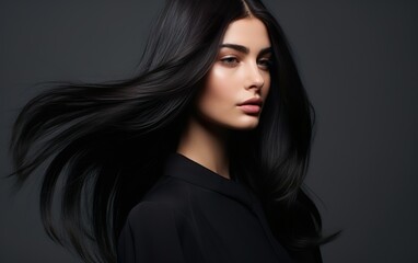 Fototapeta premium Woman long, straight brunette hair, shining with health, against a black background. Hairstyle, haircare concept
