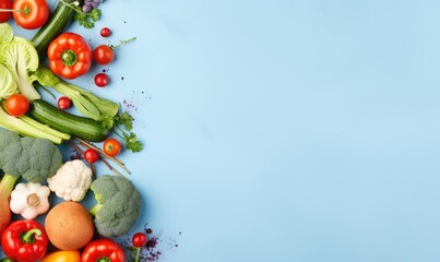 Obraz na płótnie Canvas Top view vegetables on blue background. Vegetarian organic food banner.