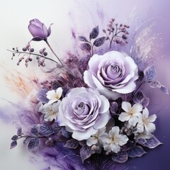 Beautiful purple and white watercolor with white roses on pale background 