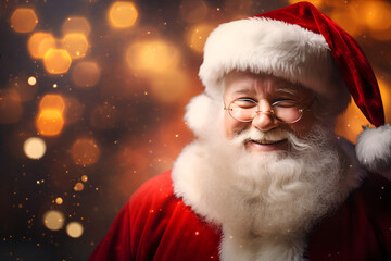 Portrait of attractive smiling white-haired Santa with blurred lights and bokeh in background