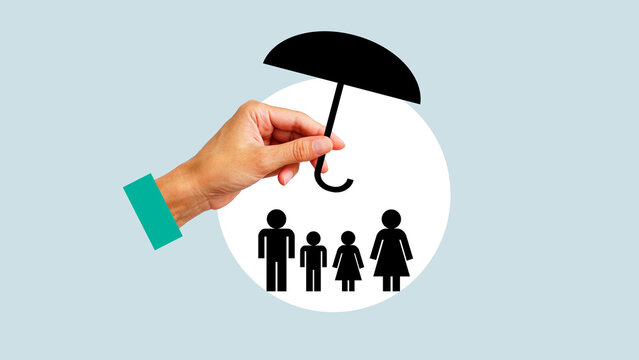 Life insurance, family protection, financial concept : Broker or insurer uses umbrella to protect parents e.g. father, mother, children, depicts buying protection plan for safety
