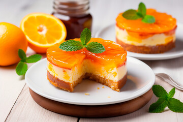 Cheesecake with orange jelly on a plate close-up - Powered by Adobe