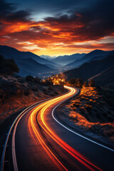Road in the mountains at sunset, Car light trails on mountain road