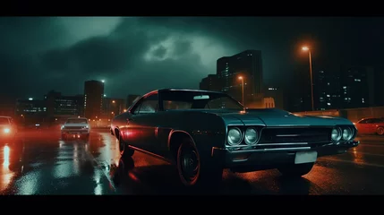 Behangcirkel Vintage muscle car parked on the street at night. 80s styled synthwave retro scene with powerful drive in evening. © swillklitch