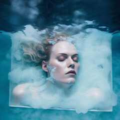 portrait of a woman sleeping in ice
