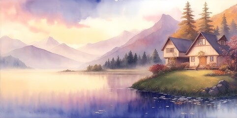 Fototapeta premium Highland lake. Fall landscape. Watercolor style. AI generated illustration