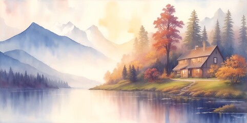 Highland lake. Fall landscape. Watercolor style. AI generated illustration - obrazy, fototapety, plakaty