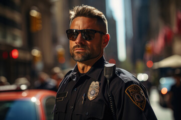 A Caucasian police officer patrols the streets of the city
