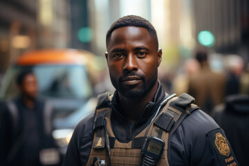 African american police officer patrols the streets of the city - obrazy, fototapety, plakaty