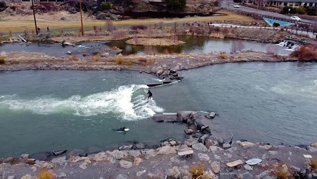 Drone view of early Spring on the Deschutes River at Whitewater Park in Bend, Oregon
