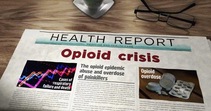 Opioid crisis painkiller abuse and overdose problem daily newspaper on table. Headlines news abstract concept 3d.