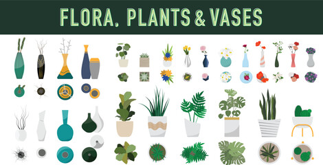 Flora, Plants and Vases set provided in both Plan and Elevation for Decorative and Architectural Plan usage.
