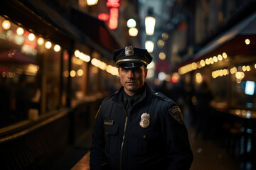 A Caucasian police officer patrols the streets of the city