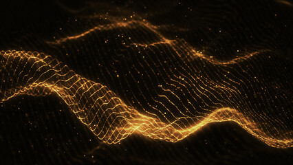 金の抽象的なデジタルの波。3DCGのテクノロジー背景