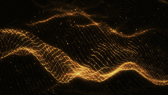 金の抽象的なデジタルの波。3DCGのテクノロジー背景