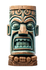 a carved tiki statue made from stone isolated on a transparent background, generative ai