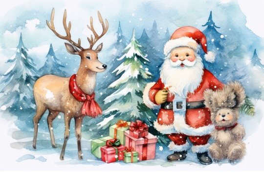 vintage style Christmas greetings card with Santa and Deer, ai tools generated image