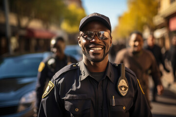 African american police officer patrols the streets of the city