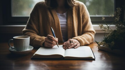 Fototapeta na wymiar Beautiful and Smart Woman Writing on Blank Book Using Pen