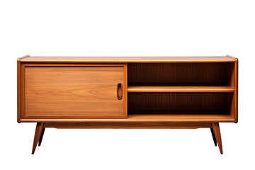 a mid-century modern teak media cabinet isolated on a transparent background, generative ai